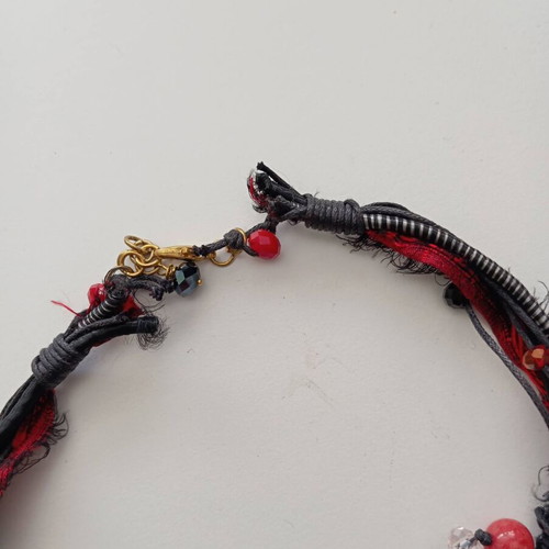 Handmade Boho Necklace with Large Bronze Heart and Silk Ribbons like new