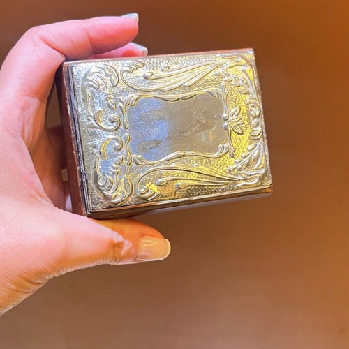 Vintage wooden jewelry box with silver-plated lid used