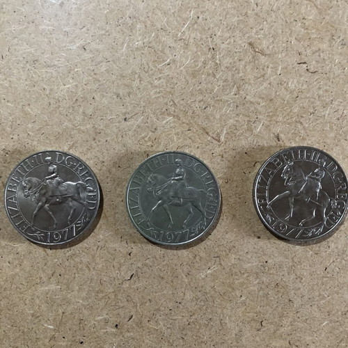 Silver Jubilee Queen Elizabeth II crown coins 1977, set of 3, used