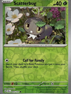 Scatterbug Pokemon card new collectible, Reverse Holo Surging Sparks