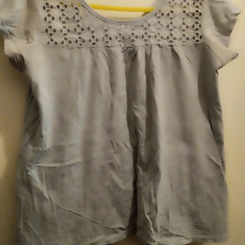 Short-sleeve summer blouse used, gray and turquoise, size M