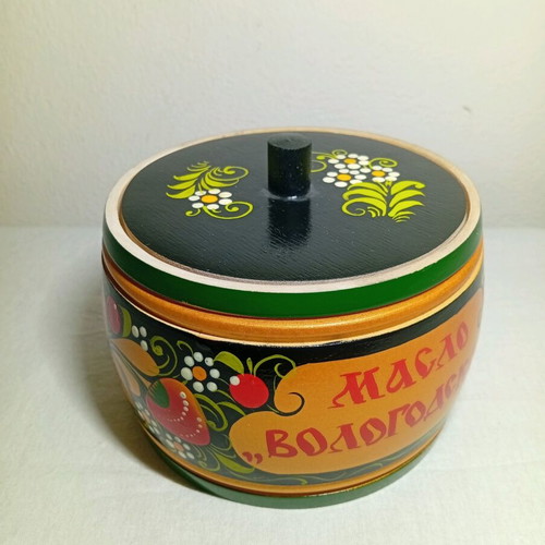 Vintage Russian Khokhloma wooden butter dish with hand-painted floral design