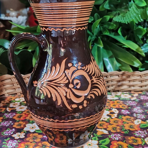Vintage pottery jug with floral sgraffito decoration, 22 cm