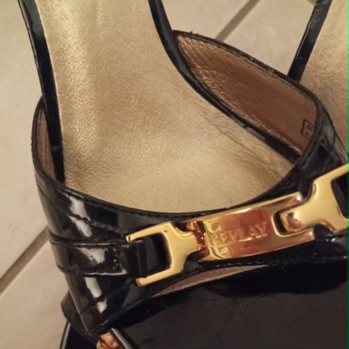Replay black patent leather mules with gold buckle, size 39