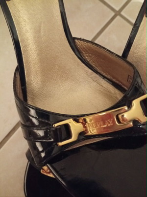 Replay black patent leather mules with gold buckle, size 39