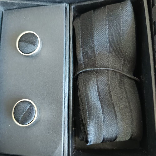 Tie set with cufflinks and handkerchief, new, black satin