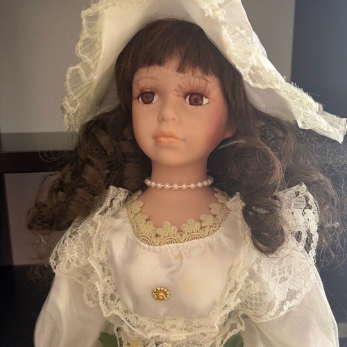 Porcelain doll tall with hat and parasol like new