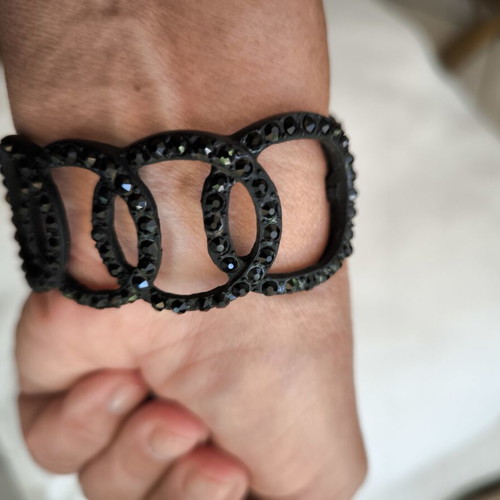 Cuff bracelet black steel with black rhinestones new