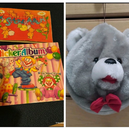 Vintage plush bear CD case used with 2 kids' sticker albums gift