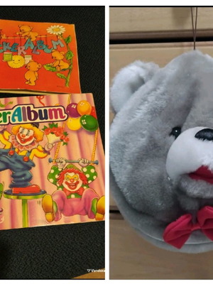 Vintage plush bear CD case used with 2 kids' sticker albums gift