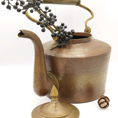 Vintage copper hand-forged teapot used with brass elements