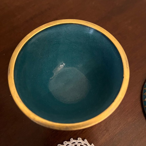 Vintage Chinese Cloisonné Bowl with Lid, enamel and brass