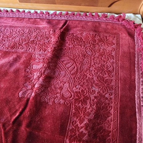 Vintage velvet narrow rectangular tablecloth, burgundy, embossed corners