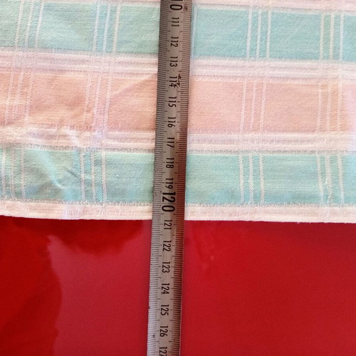 Handmade striped tablecloth used, pastel pink and green, 168x121 cm
