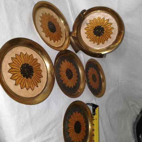 Set of 6 New Brass Coasters with Sunflower Design and Holder
