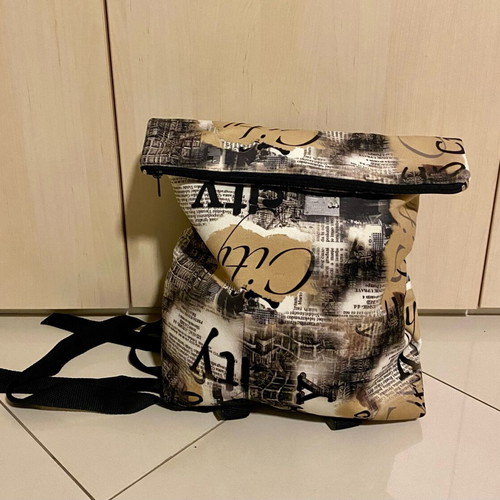 Backpack fabric new, black and beige, shoulder bag