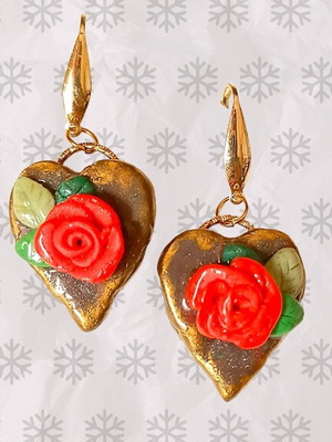 Polymer Clay Earrings with Red Rose and Gold Details, New