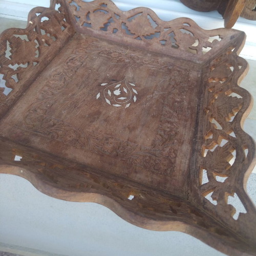 Handmade carved wooden decorative set used, 3 pieces, Sheesham wood