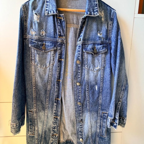 Women's long denim jacket with rips size S like new, blue