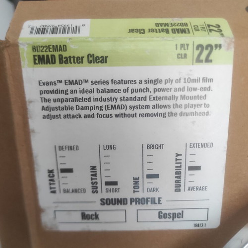 Evans EMAD Clear 22" drumhead new with Level 360 technology