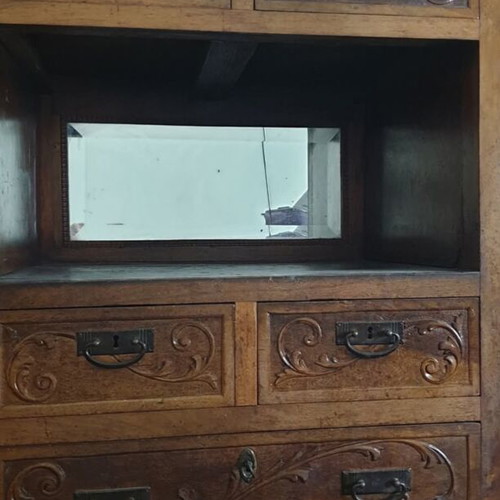 Handmade carved cabinet 1945, used, with mirror and drawers