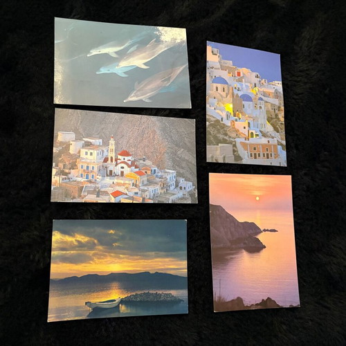 Set of 5 vintage postcards Santorini, Karpathos and dolphins like new