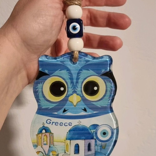 Owl Greece Hanging Glass Charm with Eye and Island 24x13x9cm new