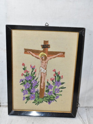 Embroidered Jesus Christ Crucifixion Picture used in vintage frame