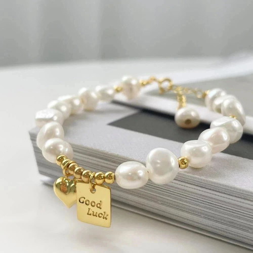 Freshwater Pearl Bracelet with Gold Good Luck Charm