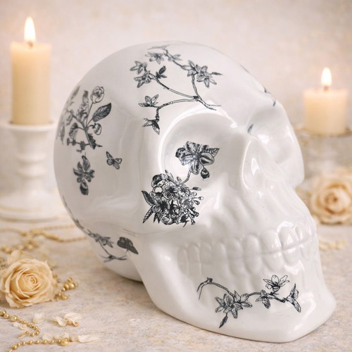 Ceramic Gothic Skull Botanica new with vintage floral design
