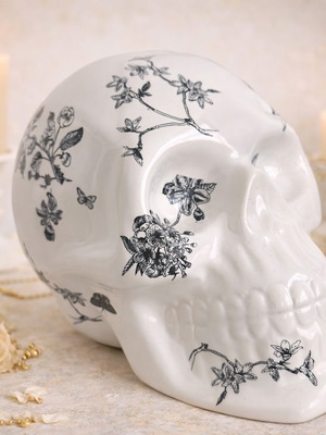 Ceramic Gothic Skull Botanica new with vintage floral design