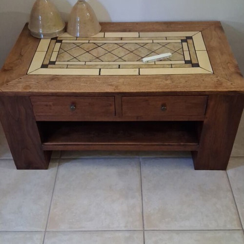 Solid wood coffee table with stone inlay and 2 drawers