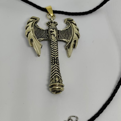 Pendant Double Axe like new, gold-colored steel with black cord