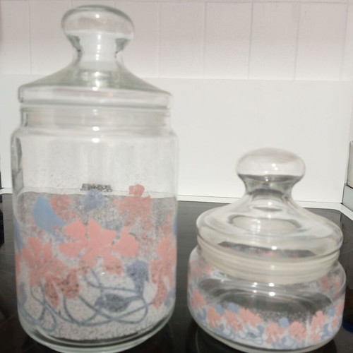 Glass jars set with pink-blue design for bulk materials, new