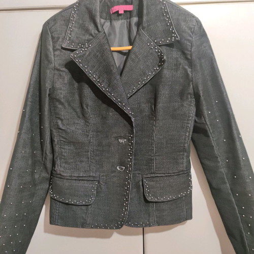 Corduroy suit used, blue-black with thin stripe, crop pants