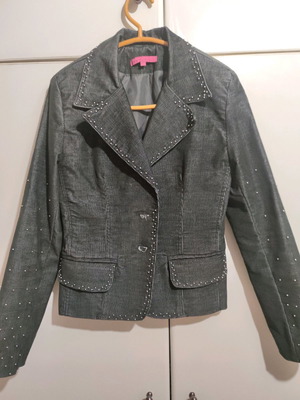 Corduroy suit used, blue-black with thin stripe, crop pants