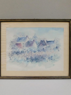 Watercolor painting used with protective glass, signed