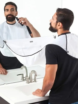 Shaving apron new, for beard trimming and grooming, white and black