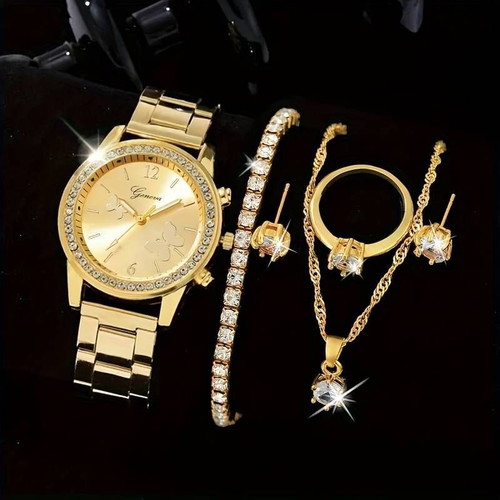 Gold watch and 5 elegant jewelry pieces set new