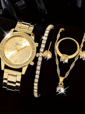 Gold watch and 5 elegant jewelry pieces set new