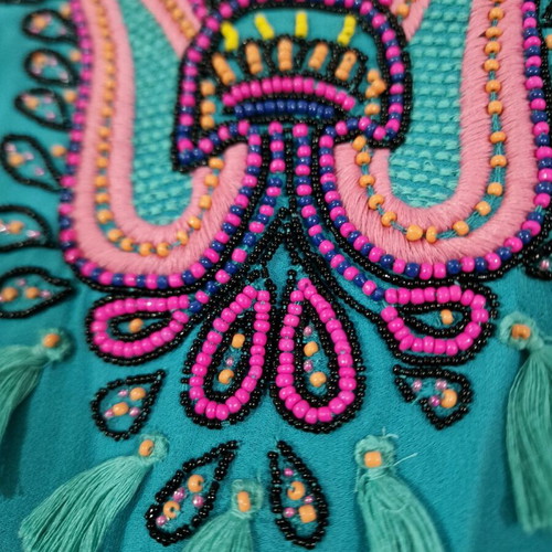 Monsoon women's turquoise embroidered tunic top with rhinestones, like new, size L
