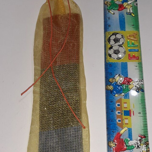 Handmade bookmark in blue, dark gold and dark orange colors