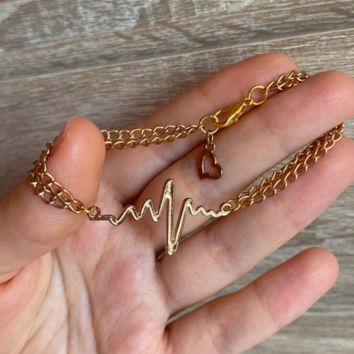 Bracelet handmade heartbeat with double chain and decorative heart in pink-gold