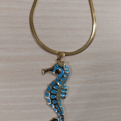 Summer necklace gold steel with embossed blue seahorse like new