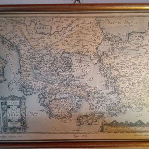 Engraving map of Greece used, wooden frame with glass 28x37