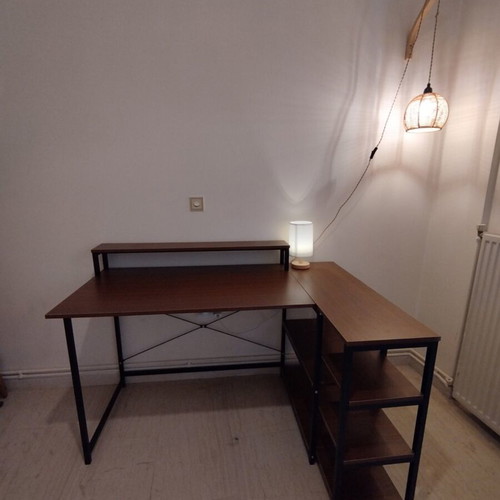 Corner desk with open shelves, walnut color, MDF and black metal frame