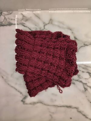Knitted circular snood scarf, like new, burgundy red, medium