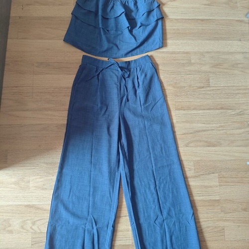 Women's summer set new, blue top with ruffles and wide pants size L