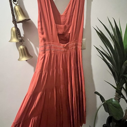 See U Soon terracotta long dress, V-neck with lace details
