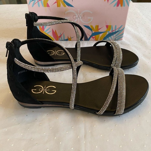 Gavi flat sandals new with black rhinestone straps